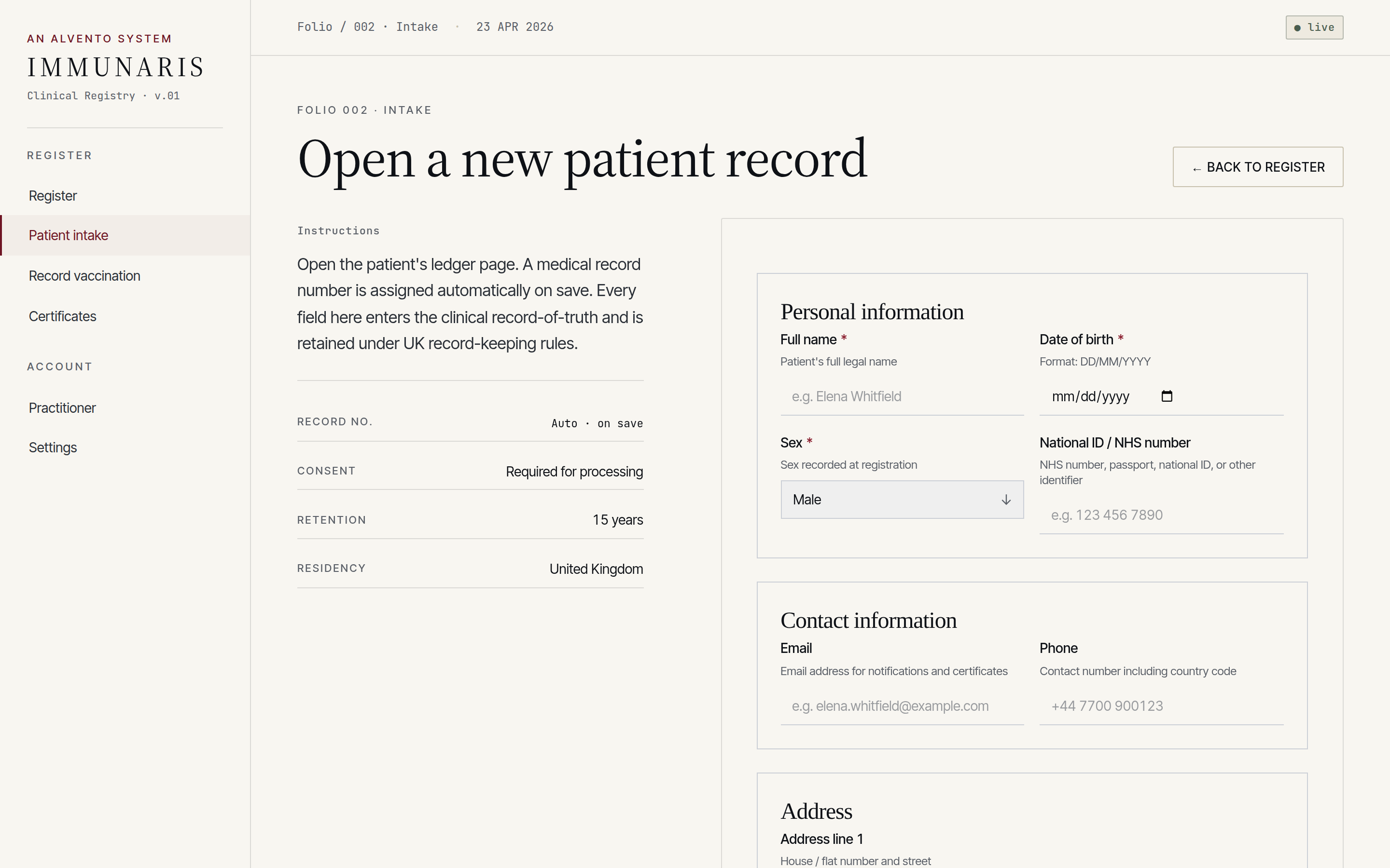 Immunaris patient intake form, folio 002