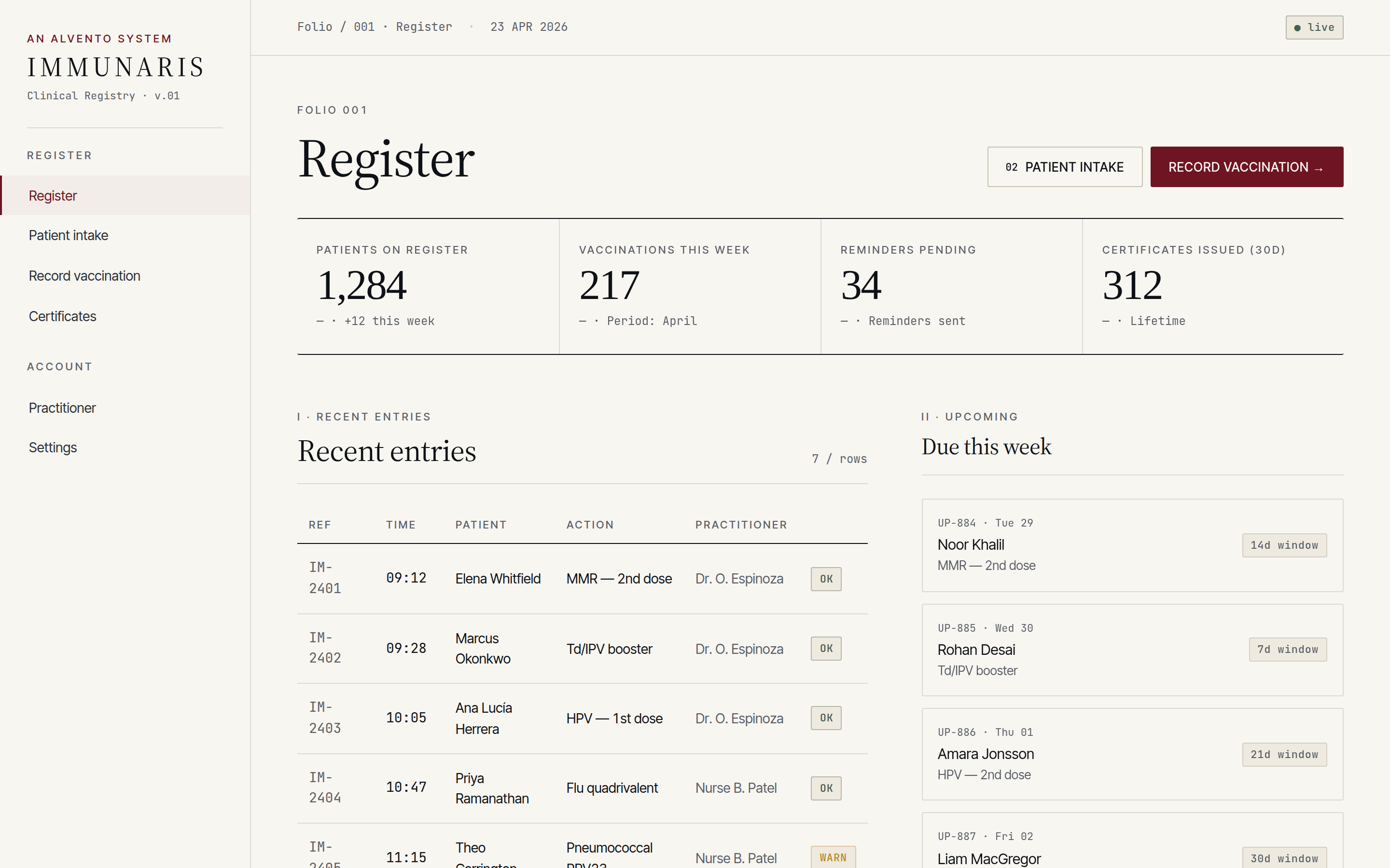 Immunaris dashboard, clinician landing view
